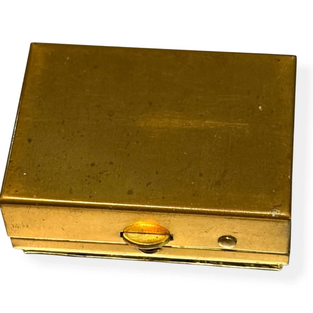 Vintage Gold-Tone Metal Pillbox With‎ Floral Embossed Lid & Blue Velvet Interior